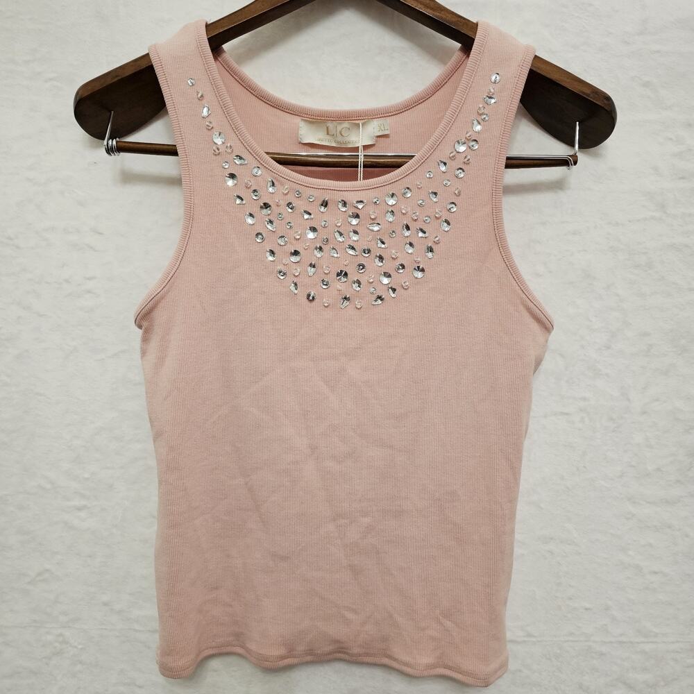 NWT Lizette Womens Tank Top XL Pk Ribbed Beads Rhinestones Glam Casual Sparkle